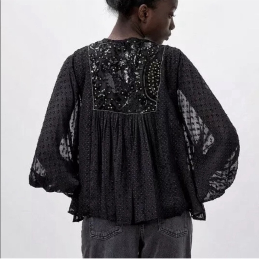 Zara Black Tasseled Plumetis Dotted Mesh Jacket With Sequins XS Bohemian Hippie‎